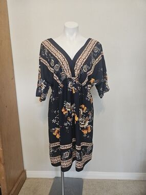 SHEIN Navy Floral Short-Sleeve V-Neck Dress/bathing Suit Cover
